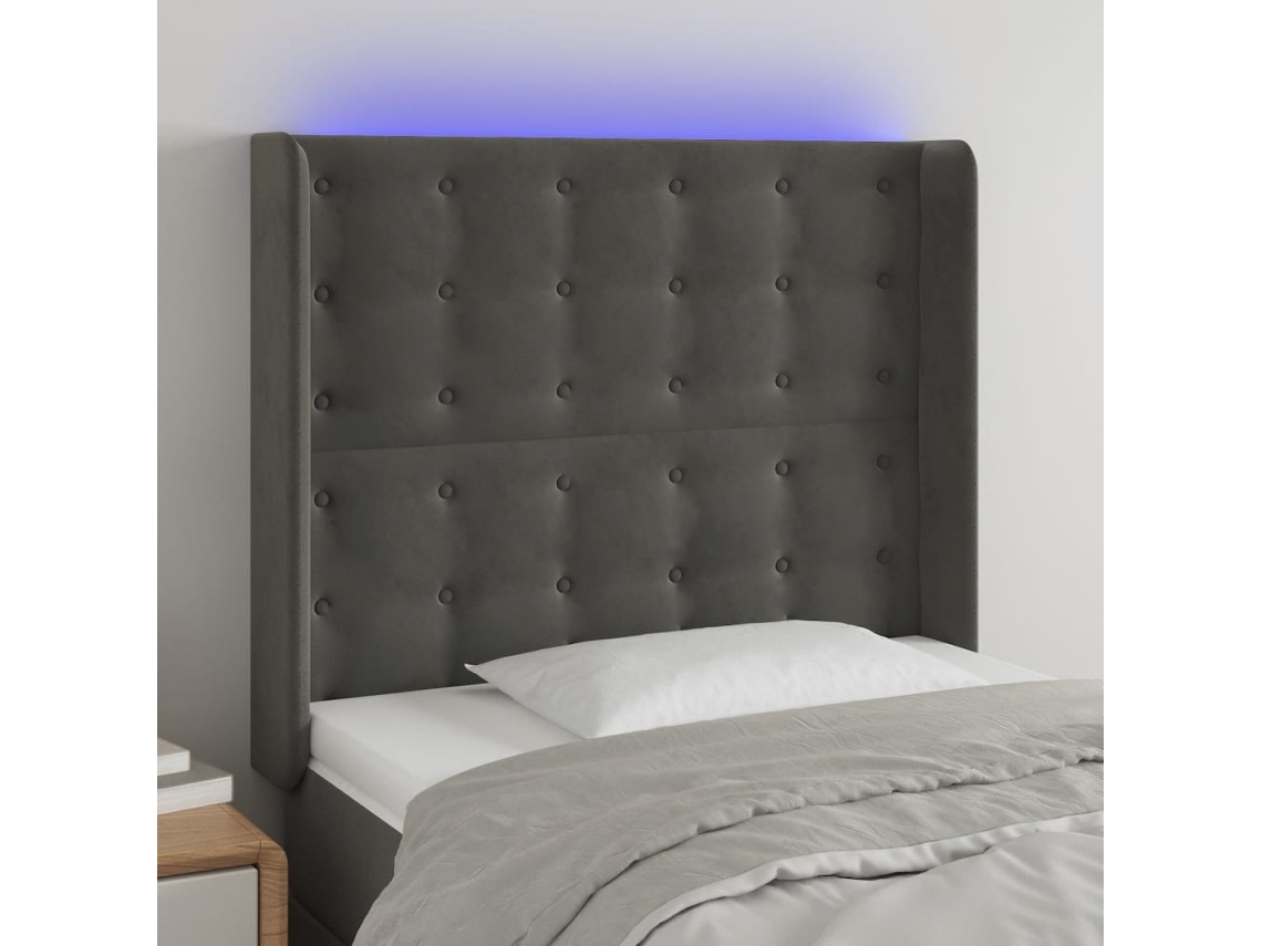 Vidaxl Cabeceira De Cama C/ Led Veludo 103x16x118/128 Cm Cinza-escuro