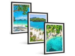 Conjunto De Pinturas Praias, Palmeiras, Água Cristalina Moldura Preta Quadros Para A Sala De Estar Espelharte (3 Piezas De 40x60 Cm)