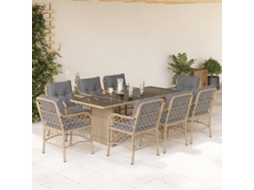 Conjunto 9 Peças Jantar Jardim C/ Almofadões Vime Pe Bege Misturado Dkd Home Decor