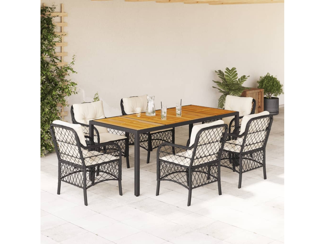 Vidaxl 7 Pcs Conjunto De Jantar P/ Jardim C/ Almofadões Vime Pe Preto