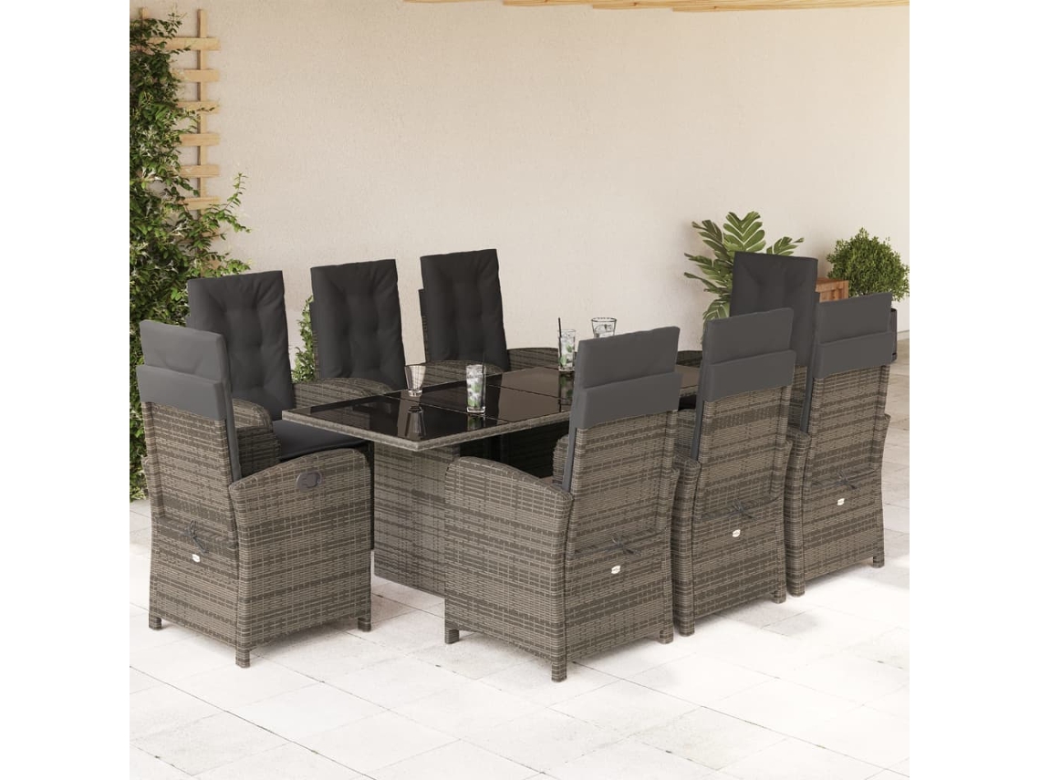 9 Pcs Conjunto De Jantar P/ Jardim C/ Almofadões Vime Pe Cinza Dkd Home Decor