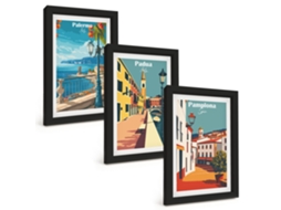 Composição De Quadrosilustrações De Cidades Retrô Moldura Preta Imagens Para Um Quarto Infantil Espelharte (3 Peças 20x30 Cm)