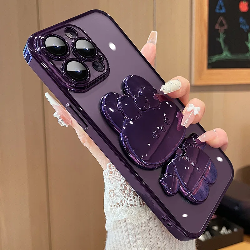 Capa Para Celular Com Espelho De Coelho Eletroplateado Em Degradê (para Iphone 13 Pro, Roxa), Com Suporte, Em Tpu Macio.