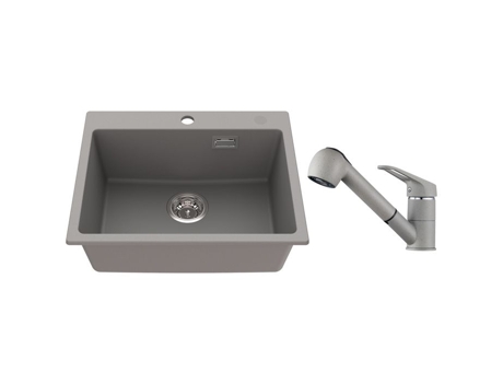 Pia de Cozinha de Pedra de Quartzo Cinza 55X45X20Cm com Torneira de Cozinha com Spray Extraível Conjunto de Drenagem AURALUM MAX