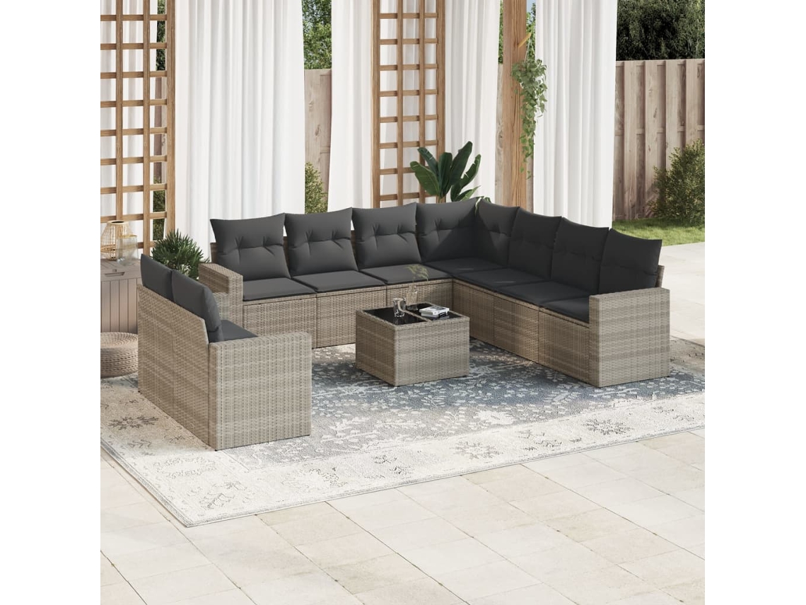 Vidaxl 10 Pcs Conj. Sofás Jardim Com Almofadões Vime Pe Cinzento-claro