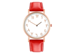 Relógio de pulso feminino, couro PU vermelho, mostrador redondo, relógio analógico de quartzo
