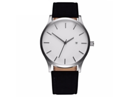 Relógio masculino de quartzo com pulseira de couro PU, mostrador casual simples, preto e branco.