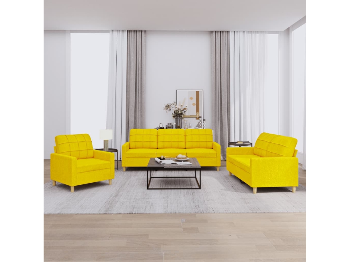 Vidaxl 3 Pcs Conjunto De Sofás Com Almofadões Tecido Amarelo-claro