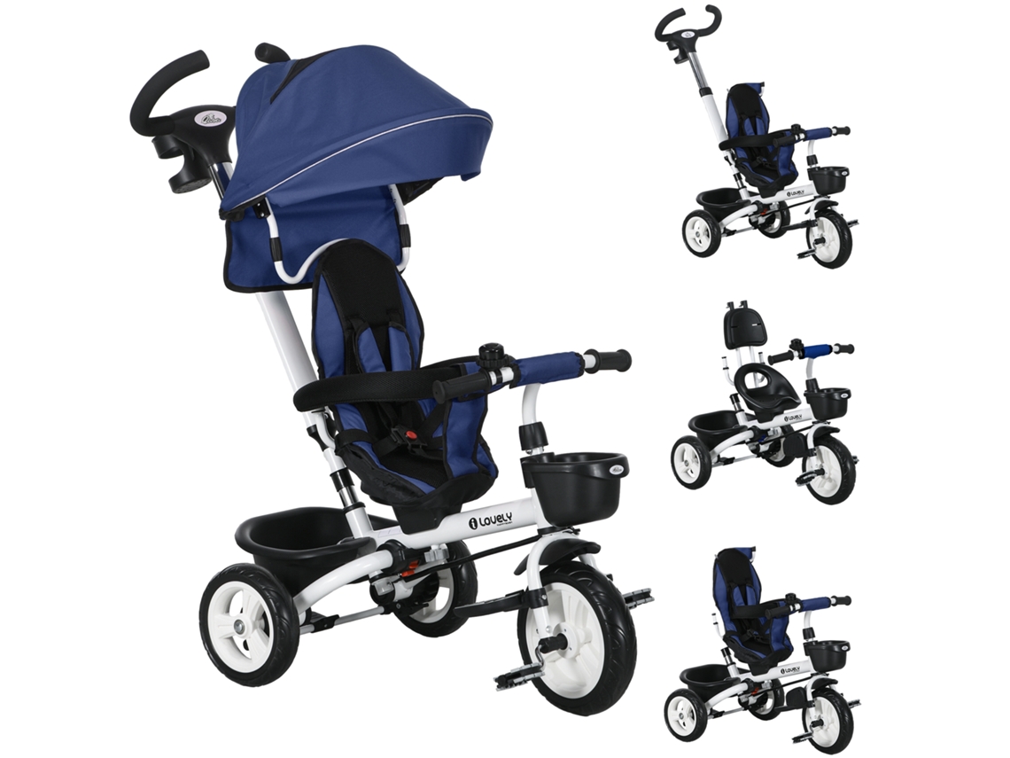 Triciclo Infantil, Cor Azul, Seguro Rra De Empurrar, Capota, Cinto De Segurança E Cesto De Armazenamento. A Partir De 18 Meses. Azul Escuro. Ehstmind