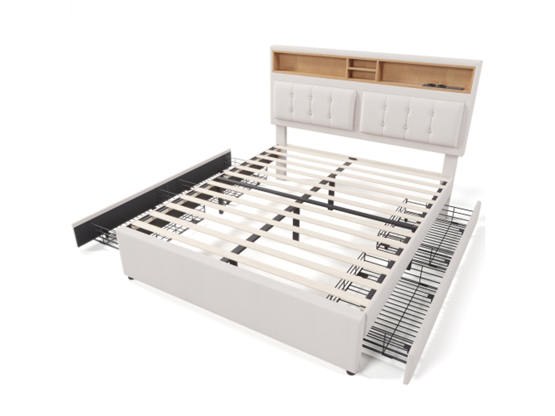 Cama De Casal 160x200 Estofada 4 Gavetas Usb C Cabeceira Regulável Madeira Com Colchão Ziwei Store