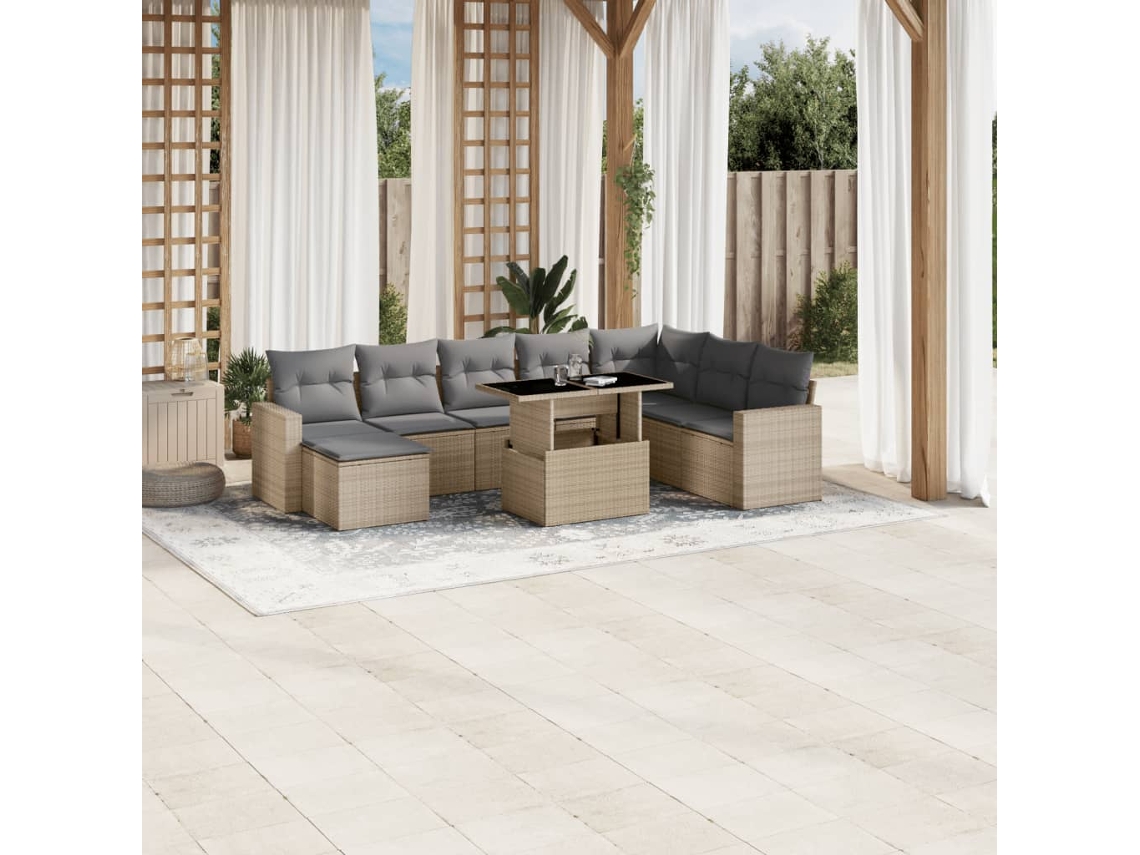 Vidaxl 9 Pcs Conjunto De Sofás P/ Jardim Com Almofadões Vime Pe Bege