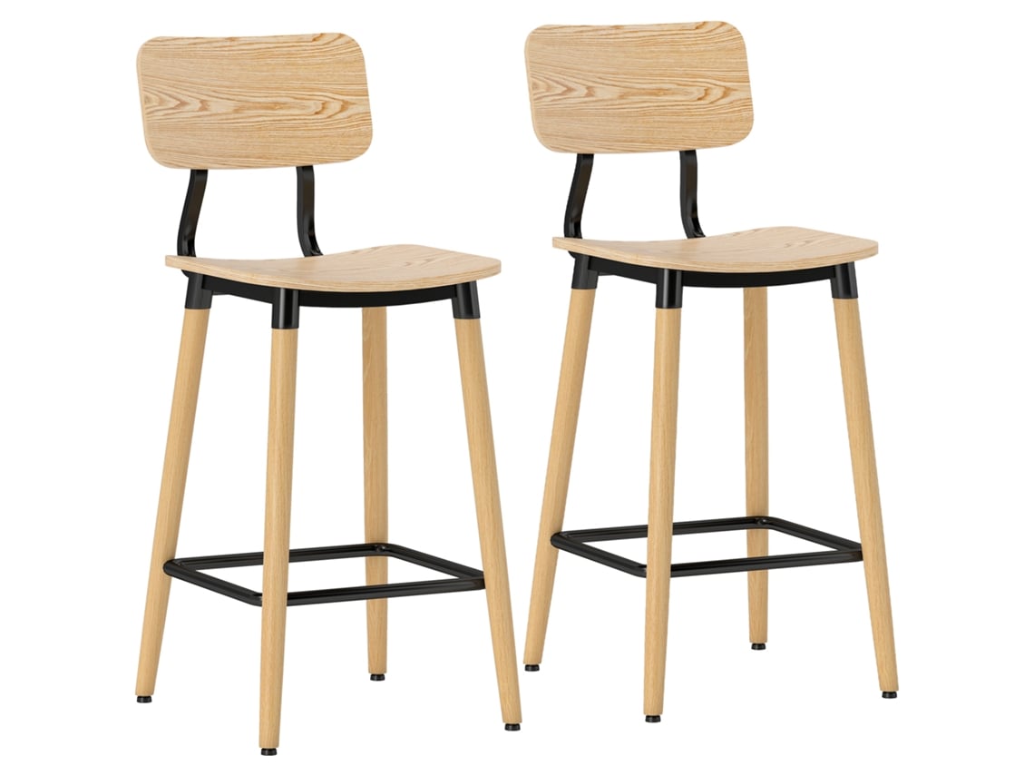 Conjunto de 2 Banquinhos com Encosto, Altura Ajustável e Estrutura de Aço para os Pés 94 Cm, Madeira Natural