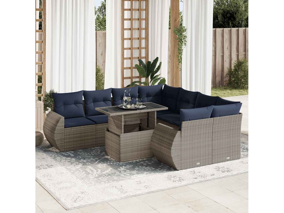 Vidaxl 9 Pcs Conjunto Sofás Jardim Almofadões Vime Pe/acácia Cinzento