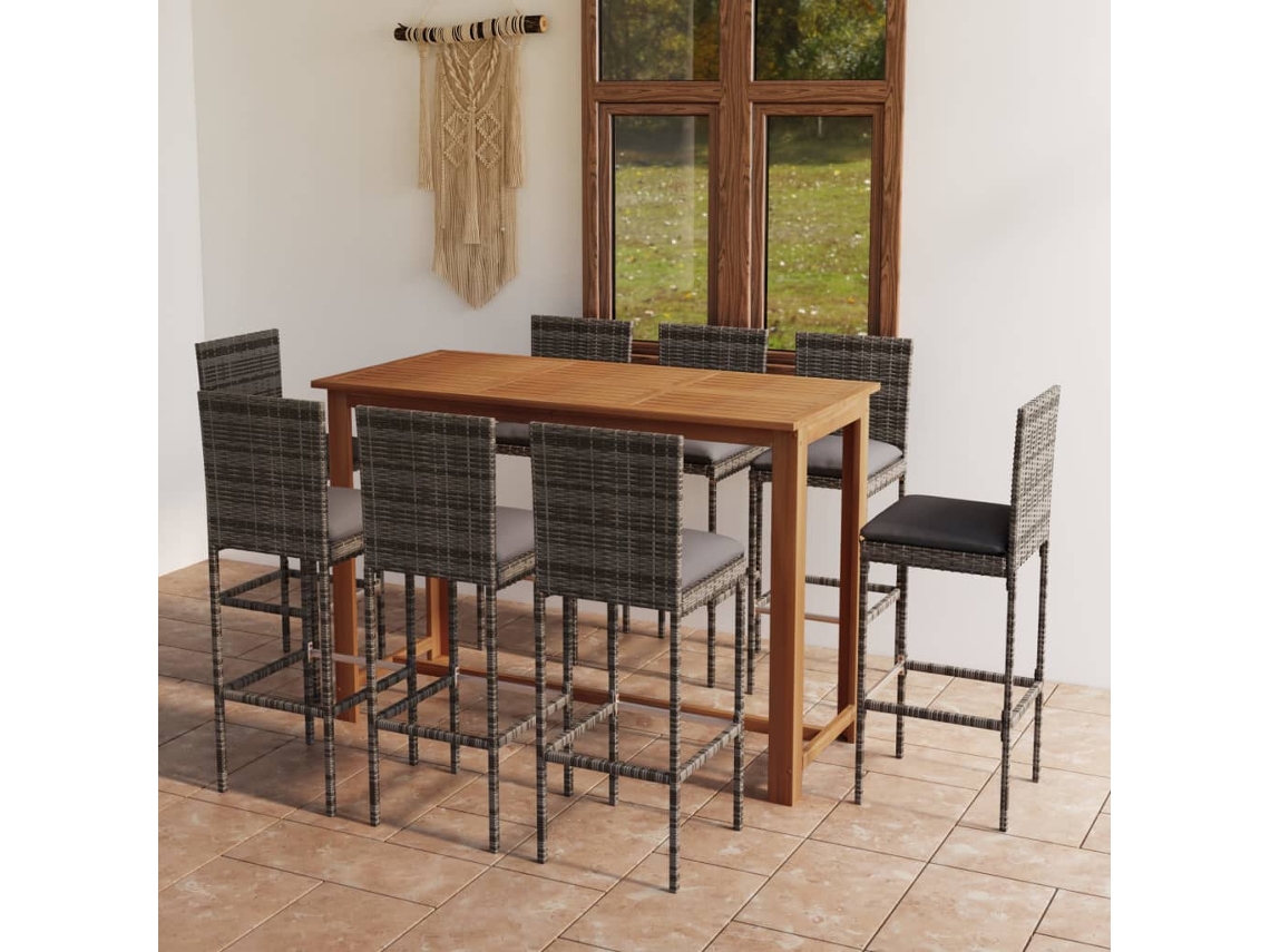 Vidaxl 9 Pcs Conjunto De Bar Para Jardim Com Almofadões Cinzento