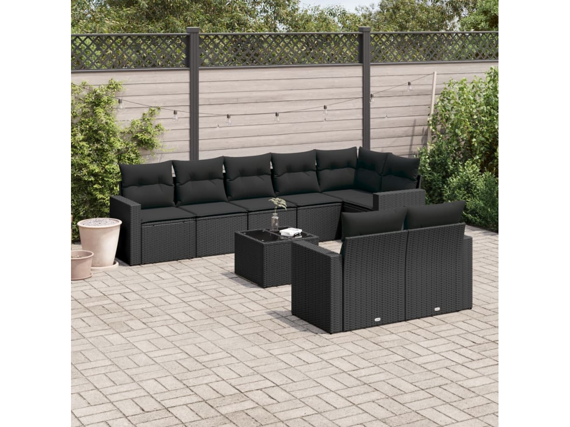 Vidaxl 9 Pcs Conjunto De Sofás P/ Jardim C/ Almofadões Vime Pe Preto