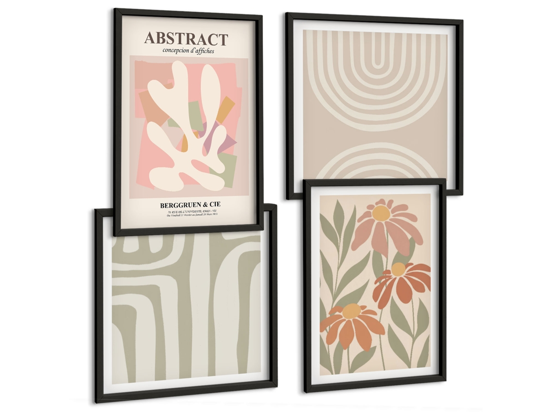 Composição De Quadros Plantas Abstratas Estilosas Espelharte (4 Peças)