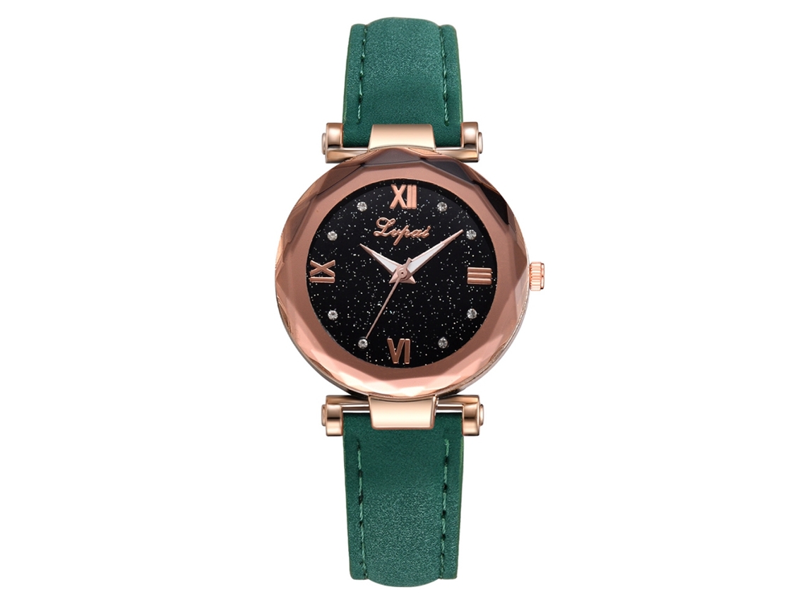 Relógio de Pulso Feminino Lvpai com Quartzo e Pedras Preciosas Pulseira de Couro Pu Verde