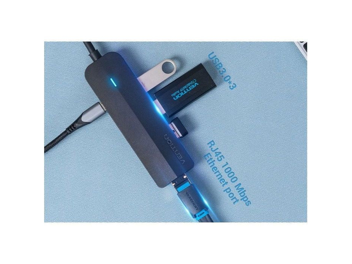 Adaptador Vention 5 I 1 Usb C Para 3x Usb 3.0 / Rj45 Gigabit Ethernet / Hub Micro B 0,15m Preto Abs Tipo Aquaforge