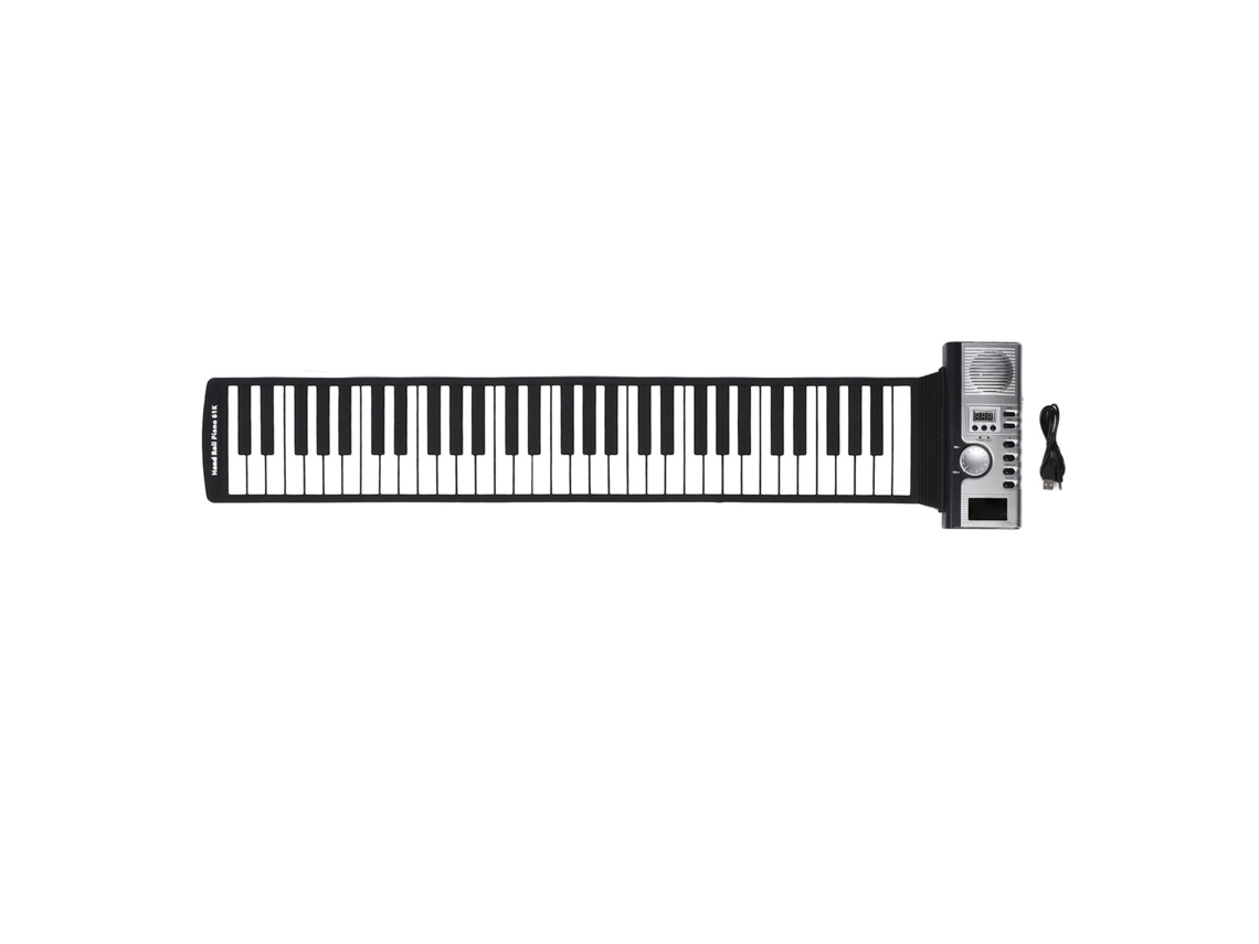 Teclado de piano portátil enrolável 2026 com 61 teclas de silicone e piano alto integrado para crianças e adultos.