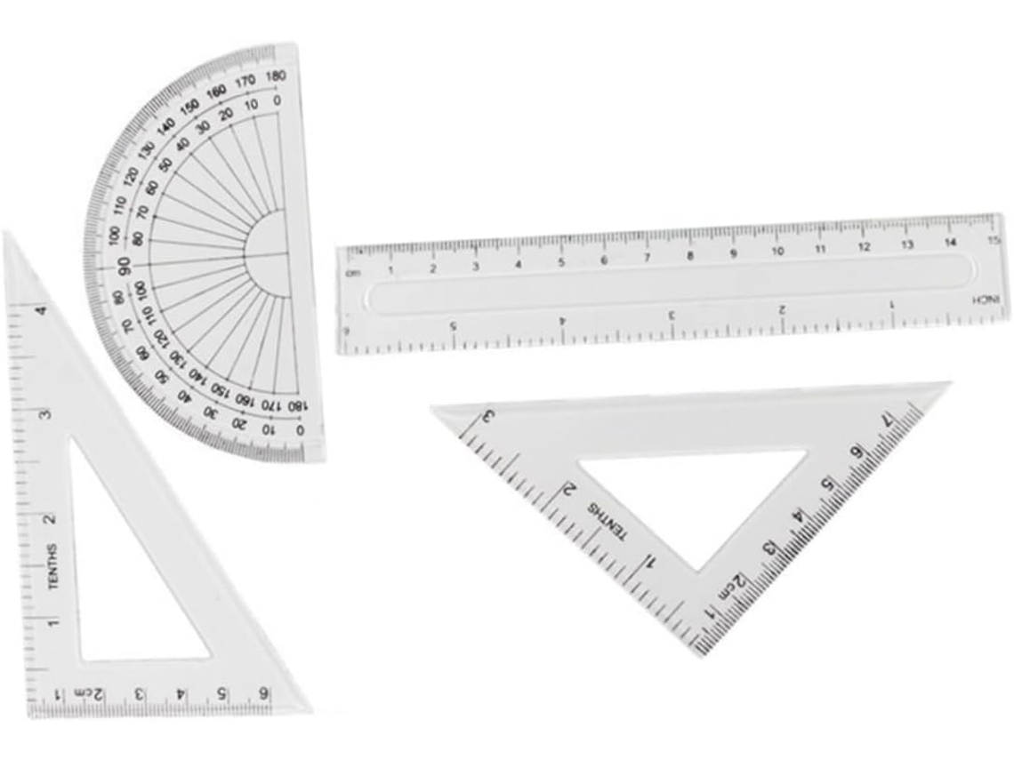 Conjunto de 4 réguas de plástico transparente, réguas quadradas, ferramentas de desenho para material escolar.
