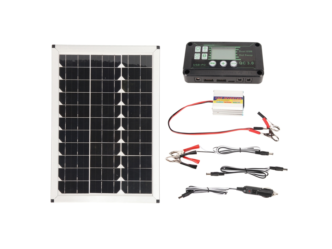 Kit painel solar 100W com inversor 220W, controlador MPPT e USB para carro S/MARCA