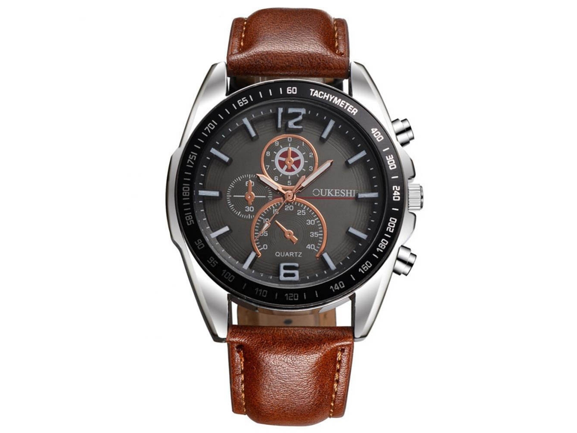 Relógio de pulso masculino analógico de quartzo com pulseira de PU macia (marrom e preto)