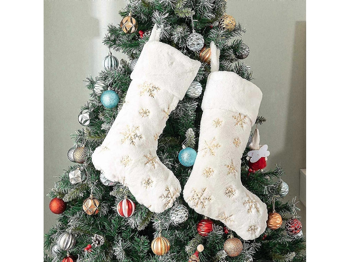 Pacote Com 2 Meias De Natal, Meias De Pelúcia Branca, Presente De Natal Em Forma De Floco De Neve Dourado Olysi Shop