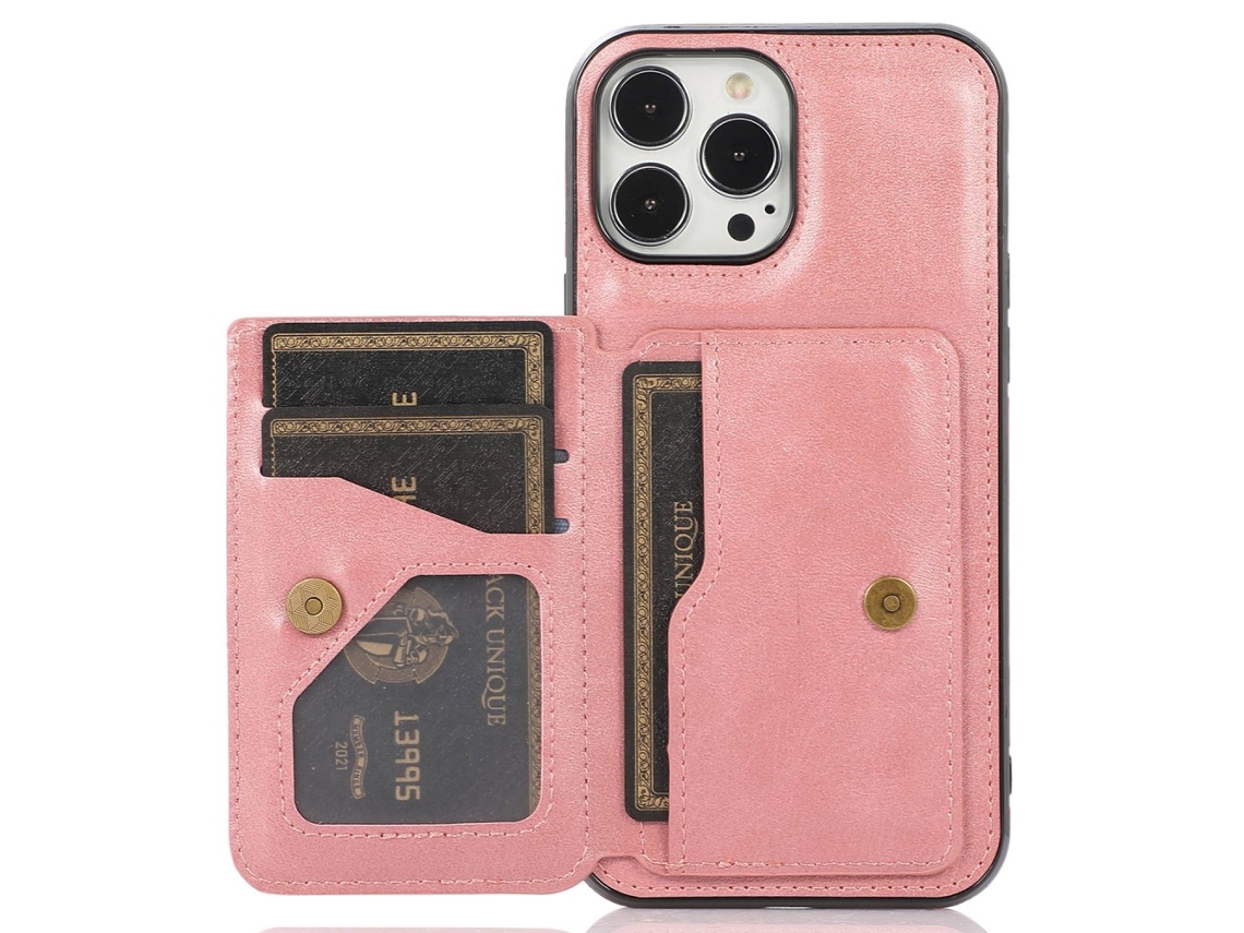 Suporte Casa Ouro Para Iphone 15 Pro Pele Sintética Com Porta-cartões Rosa