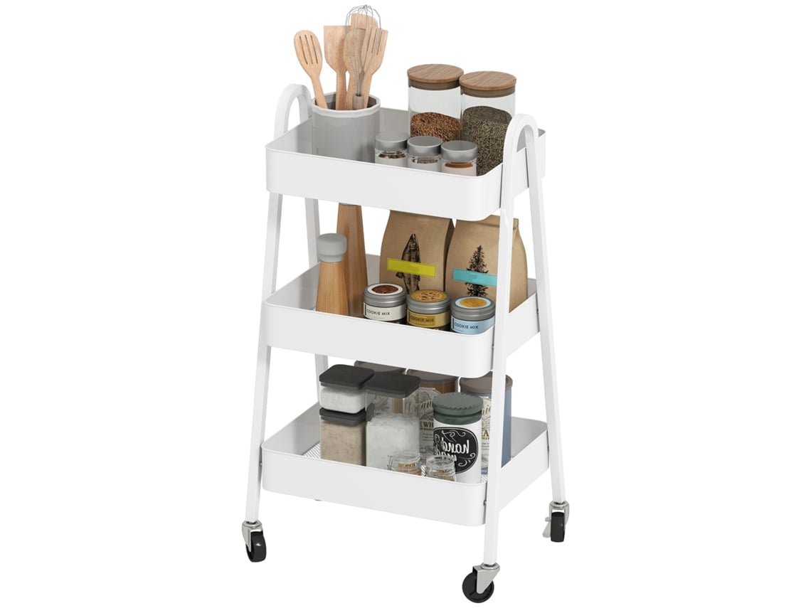 Carrinho de Cozinha Multifuncional de 3 Níveis, Rodízios Giratórios com Freios e Alças, Branco ORBITRA COMMERCE