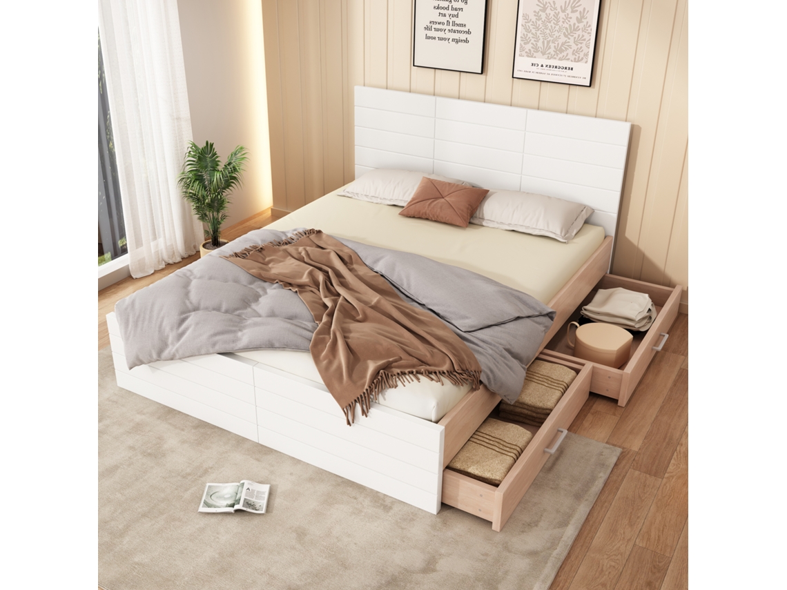 Cama Madeira 180x200 Com Gavetas Carvalho Branco