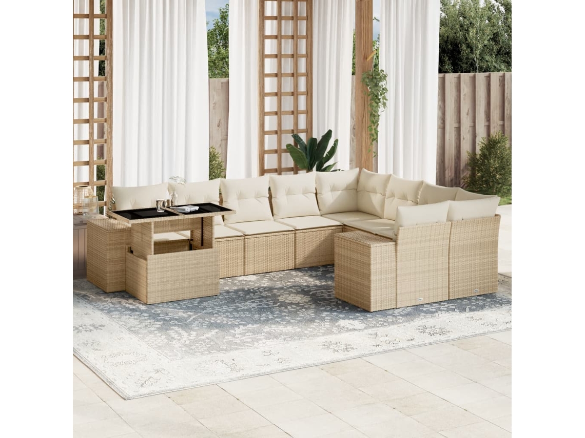 Vidaxl 10 Pcs Conjunto De Sofás P/ Jardim Com Almofadões Vime Pe Bege