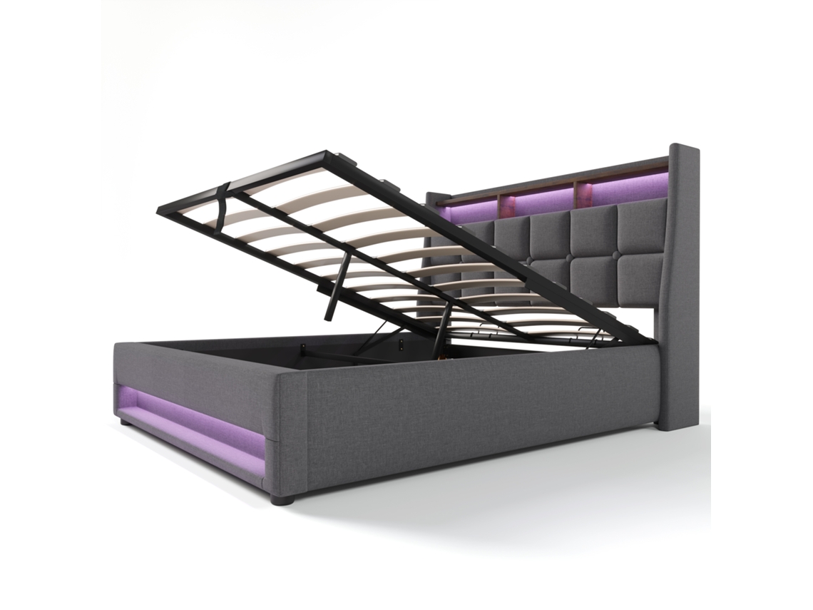 Cama Estofada de Casal 160x200cm com USB, LED, Ripas, Estrutura Linho PAPRIKA