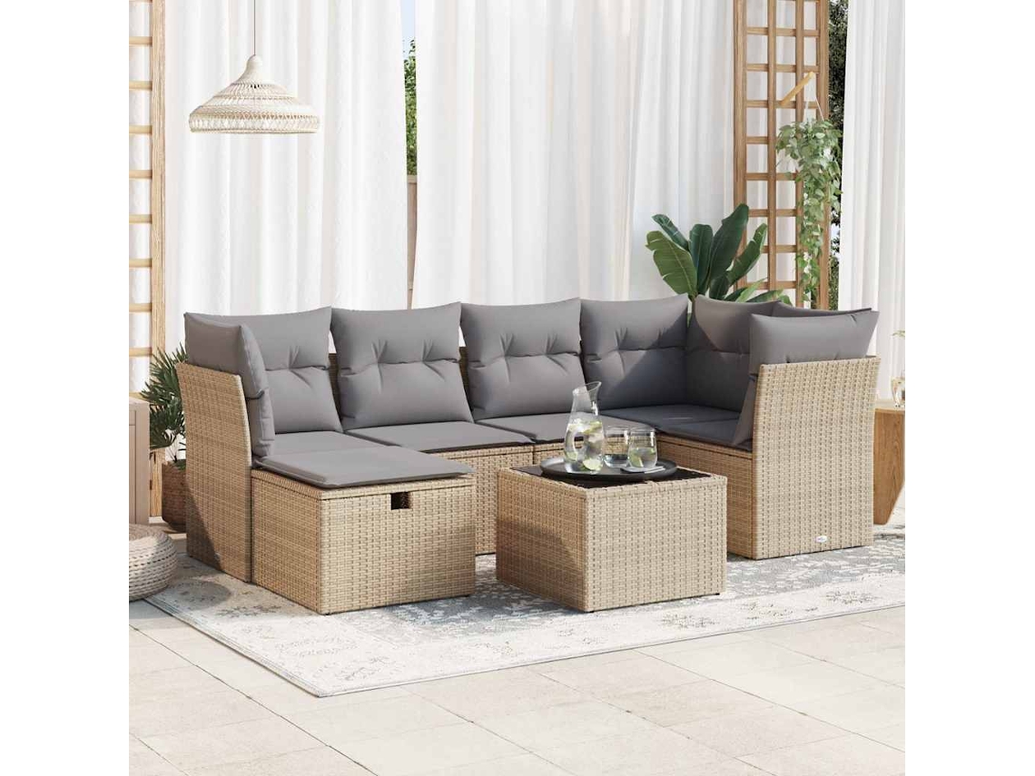 Vidaxl 7 Pcs Conjunto De Sofás P/ Jardim Com Almofadões Vime Pe Bege