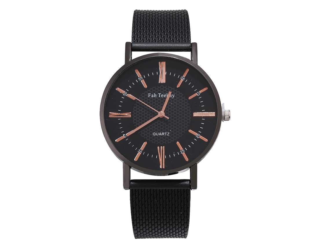 Relógio de pulso masculino Zhoulianfa com mecanismo de quartzo, pulseira de malha e mostrador redondo (preto e dourado).