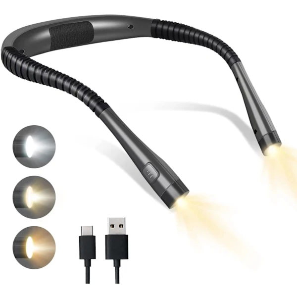 Luminária de Pescoço Recarregável para Leitura na Cama, 3 Cores, 6 Níveis de Brilho, Braços Dobráveis, Longa Vida Útil. Perfeita para Ler BRILVIBERA