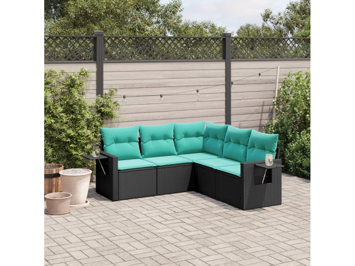 Vidaxl Conjunto De Sofá De Jardim De 5 Peças Com Almofadas Em Rattan Sintético Preto