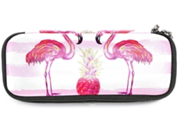 Estojo de lápis tropical de verão com estampa de flamingos e abacáxi rosa, com capacidade para marcadores e organizador.