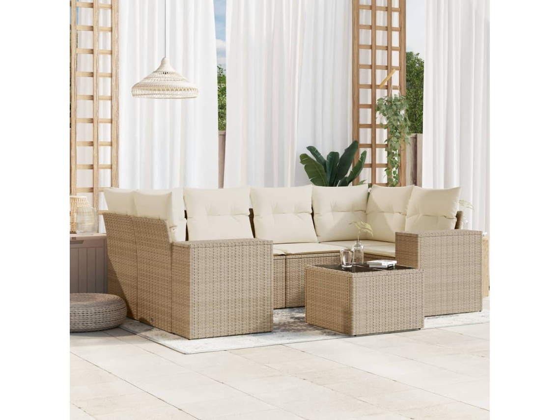 Vidaxl 7 Pcs Conjunto De Sofás P/ Jardim Com Almofadões Vime Pe Bege