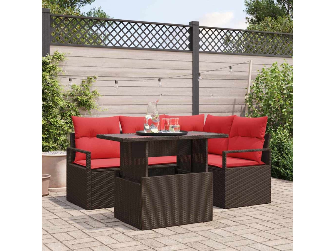 Vidaxl Conjunto De Sofá De Jardim 5 Pcs Marrom E Vermelho Vime Pe