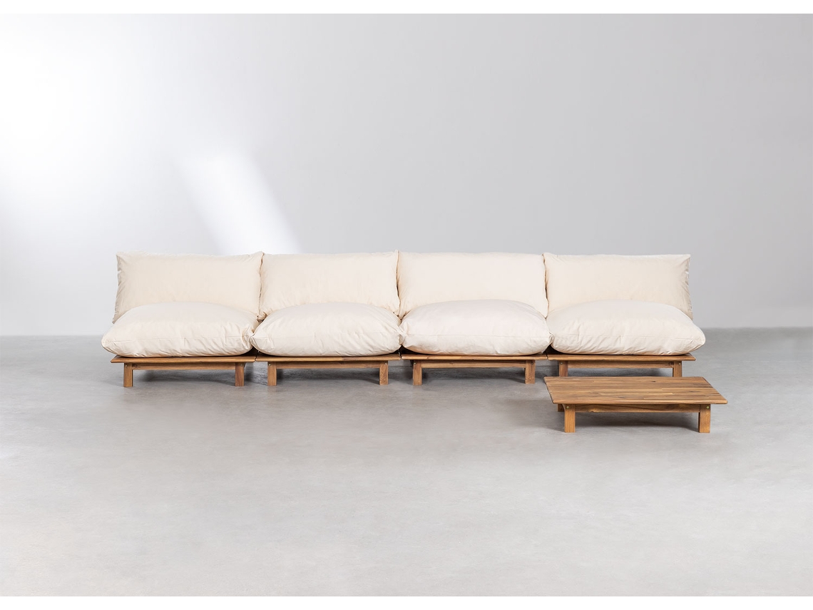 Sofá modular reclinável de 4 peças com mesa de centro Brina Madeira em Acácia Bege Creme SKLUM
