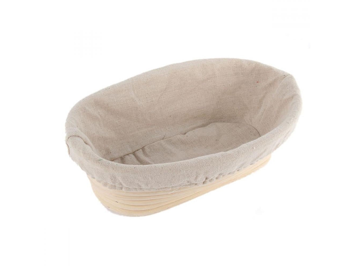Cesto oval comprido de rattan para fermentação de massa de pão, feito à mão, com forro de linho.