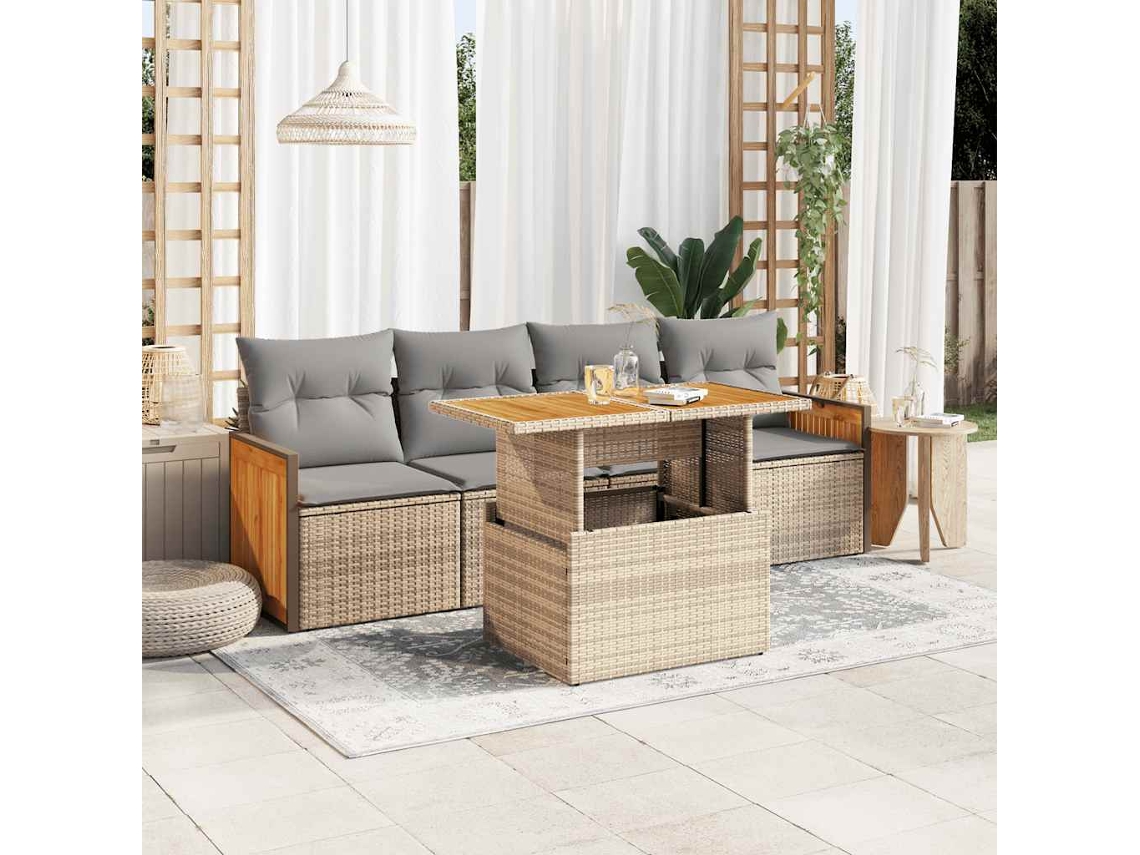Vidaxl 5 Pcs Conj. Sofás P/ Jardim C/ Almofadões Vime Pe/acácia Bege