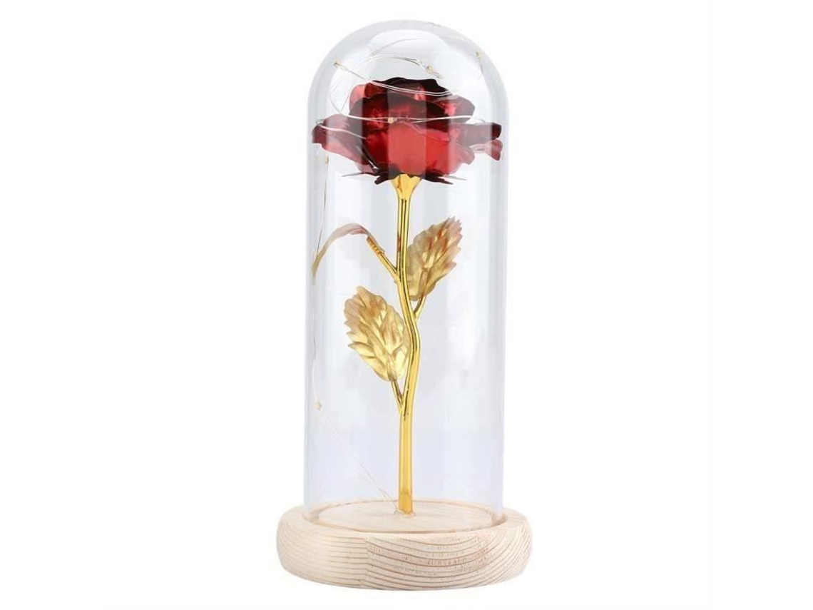 YS17432-Eternal Rose Flower LED Light com tampa de vidro Base de madeira Presente de casamento do dia dos namorados - Vermelho YWEI