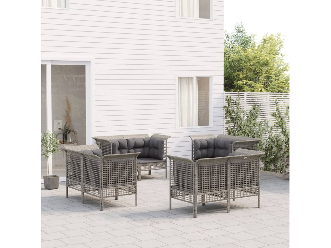Conjunto Lounge Jardim 8 Peças C/ Almofadões Vime Pe Cinza Dkd Home Decor