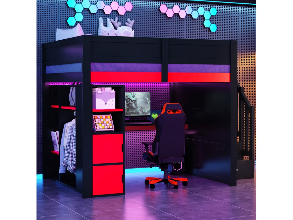 Cama De Mezanino Gaming De Madeira 140x200 Com Secretária, Vários Níveis De Arrumação, Iluminação Led