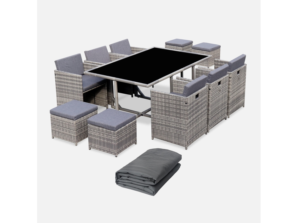 Conjunto De Jardim Com Mesa Em Resina Com 10 Cadeiras E Capa De Proteção, Tons De Cinza E Cinza Manchado