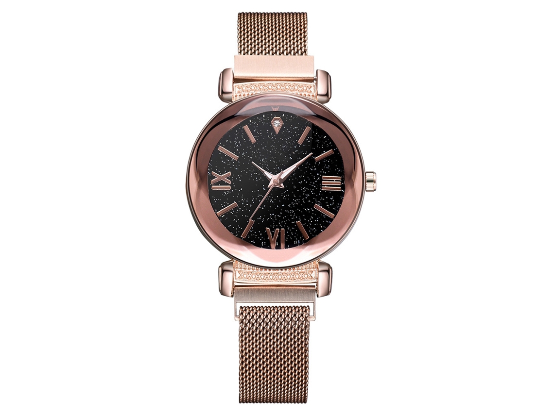 Relógio de Pulso Feminino de Quartzo com Pulseira de Liga e Strass Rosa Ouro Casual