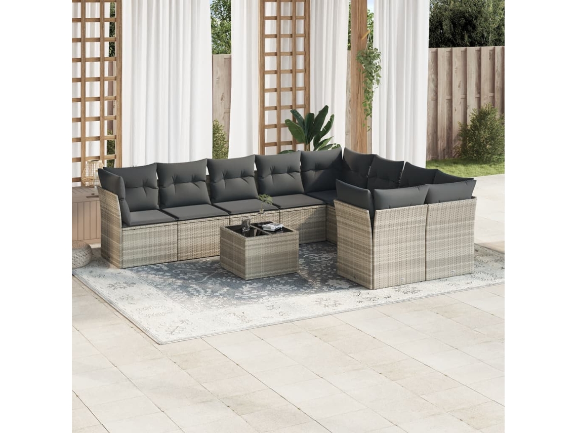 Vidaxl 10 Pcs Conj. Sofás Jardim Com Almofadões Vime Pe Cinzento-claro