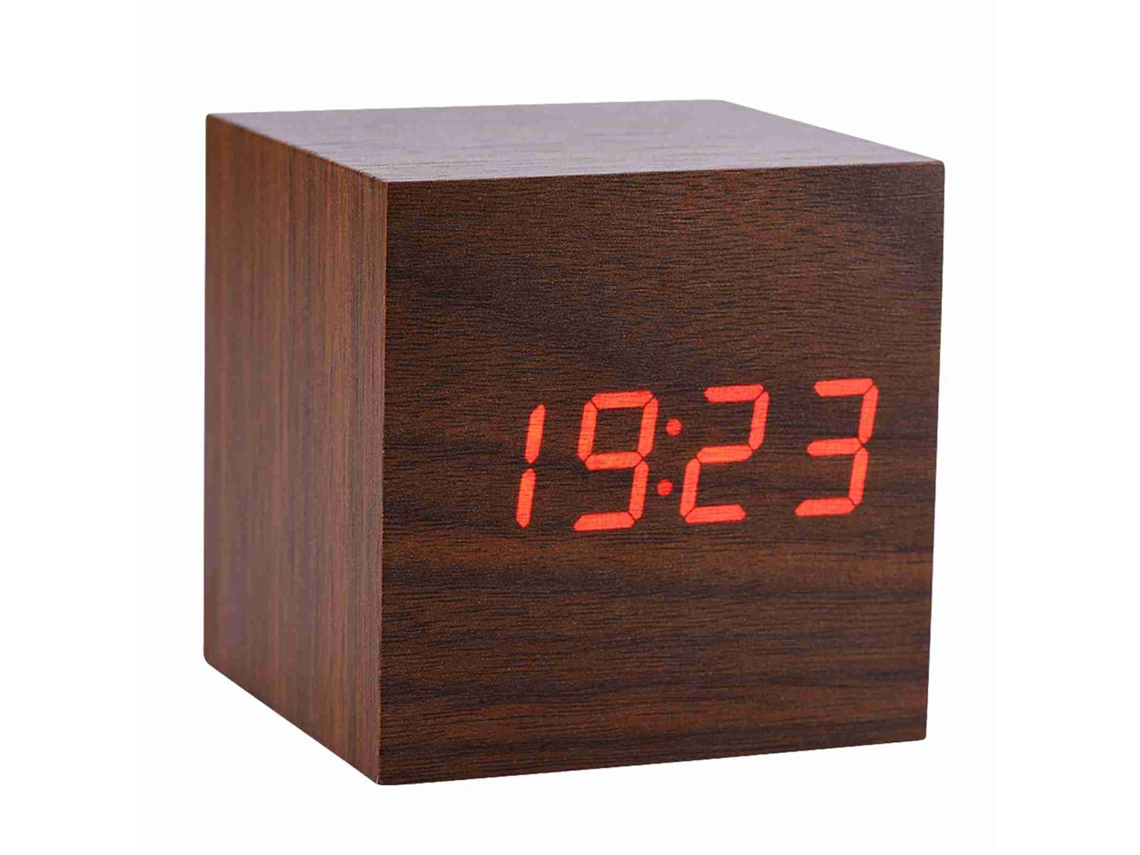 Relógio De Mesa Digital De Madeira Com Alarme, Temperatura E Display Led Controle Por Voz Marrom 6x6x6cm