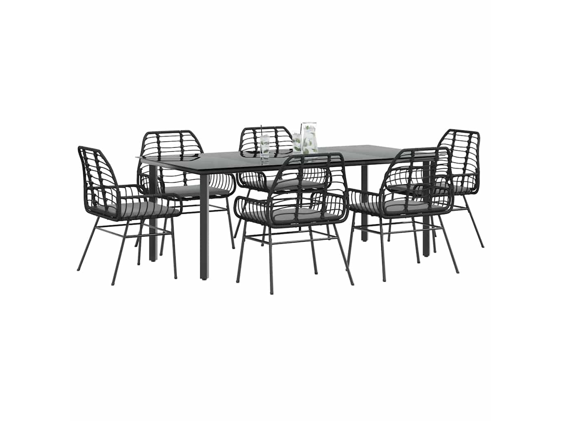 Vidaxl Conjunto De Jantar Jardim 7 Peças Almofadas Vidro Vime Pe Preto